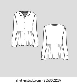 Fashion collar  top collar stand button panel full open long sleeve with cuff waist elastic gatherings flare hem  t shirt top blouse clothing flat sketch technical drawing template design vector