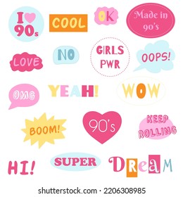 Fashion collection of 90s girly stickers. Vector illustration of hand drawn patches, pins in pink color. Nostalgia 1990.