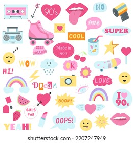 Fashion collection of 90s girly stickers. Vector illustration of hand drawn patches, pins in pink color. Nostalgia 1990.