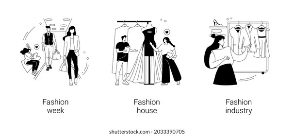 Fashion collection abstract concept vector illustration set. Fashion week, couturier house, apparel industry, clothing market, brand designer, runaway show, luxury accessories abstract metaphor.