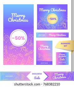Fashion collection of banners with Merry Christmas title and space for special offers text. Magical modern pink and purple colors and flat polygonal icons of womanly shoes-boots,pumps,heels,flips,bags