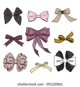 Fashion collection of bows. Vector colorful illustration in rustic style.