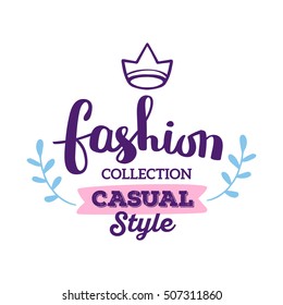 Fashion collection casual style - pink and blue color handwritten vector lettering with crown. Calligraphic inscription on white background. Hand drawn lettering print. t-shirt,  sticker, poster, card