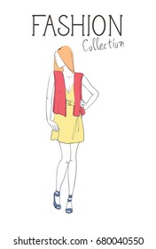 Fashion Collection Of Clothes Female Model Wearing Trendy Clothing Sketch Vector Illustration