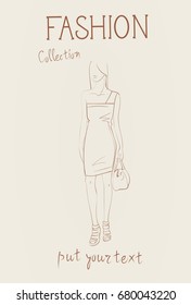 Fashion Collection Of Clothes Female Model Wearing Trendy Clothing Sketch Vector Illustration