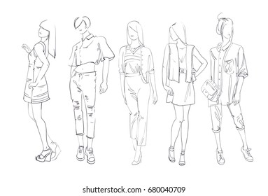 Fashion Collection Of Clothes Set Of Male And Female Models Wearing Trendy Clothing Sketch Vector Illustration