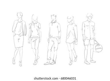 Fashion Collection Of Clothes Set Of Male And Female Models Wearing Trendy Clothing Sketch Vector Illustration