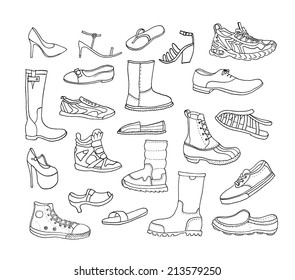 Fashion Collection. Different Hand Drawn Shoes. Vector. Isolated.