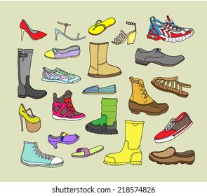 Fashion collection. Different Hand Drawn Shoes. Vector. Isolated.