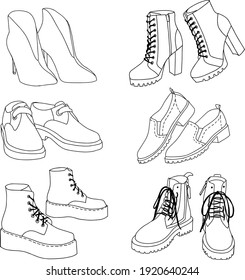 Fashion collection of female boots. Autumn shoes. Simple icon set. Line style