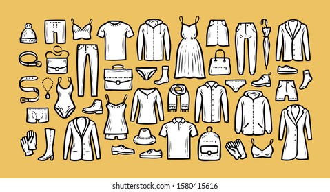 Fashion collection. Hand drawn clothes. Sketch vector illustration