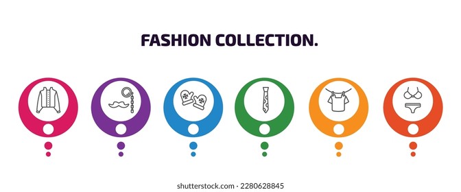 fashion collection. infographic template with icons and 6 step or option. fashion collection. icons such as jacket with buttons, monocle, pair of mittens, stripped tie, drying, swimwear vector. can