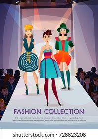 Fashion collection on girls models walking on podium in spotlights, spectators watching presentation of clothing vector illustration