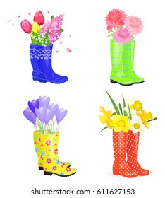 fashion collection of rubber boots with bouquets of lovely fresh flowers for your design