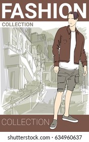 Fashion Collection Style Model Male Wear Elegant Clothes In Street Sketch Vector Illustration
