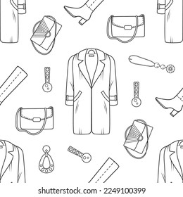 Fashion collection. Vector graphic seamless pattern with womens clothes and accessories on a white background