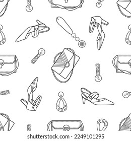 Fashion collection. Vector graphic seamless pattern with womens clothes and accessories on a white background