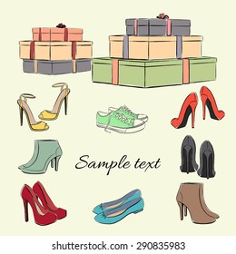 Fashion collection of  woman's colored shoes on high heels ankle boots, sandals and sneakers vector illustration