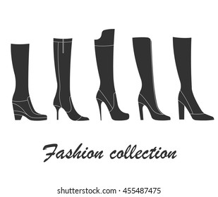 Fashion collection of women`s boots. Vector illustration of elegant women`s shoes with high heels.