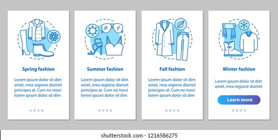 Fashion collections onboarding mobile app page screen with linear concepts. Fall, winer, spring, summer outfit. Walkthrough steps graphic instructions. UX, UI, GUI vector template with illustrations