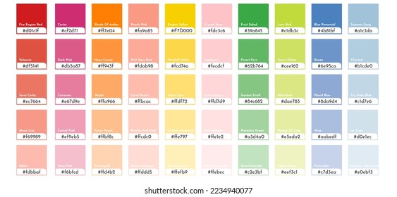 Fashion color guide palette sammer and sprinf season. Trend 2023 year. Vector trands color palette RGB HEX. Color palette for fashion designers, business, clothing and print