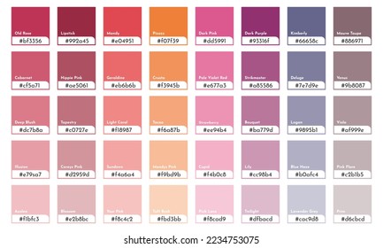 Fashion color guide palette. Trend 2023 year. Vector trands color palette RGB HEX. Color palette for fashion designers, business, clothing and print