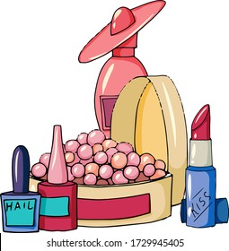 fashion color set, makeup kit vector illustration, powder, lipstick, perfume