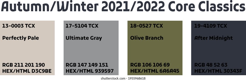 Fashion color trend Autumn Fall Winter 2021, 2022. Forecast Color palette of the future trendy colors.  swatch collection set with text name RGB HEX color codes. Vector illustration isolated