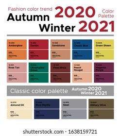 Fashion color trend Autumn Winter 2020-2021. Palette fashion colors guide with named color swatches, RGB, HEX colors.