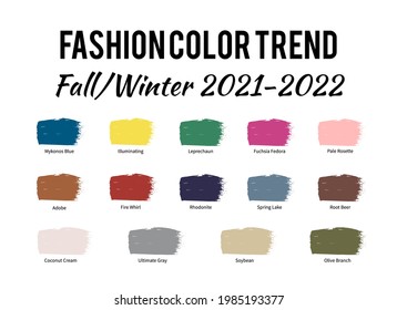 Fashion Color Trend Autumn – Winter  2021 - 2022. Brush strokes of paint color with names swatches. Trendy colors palette guide. Easy to edit vector template for your creative designs.