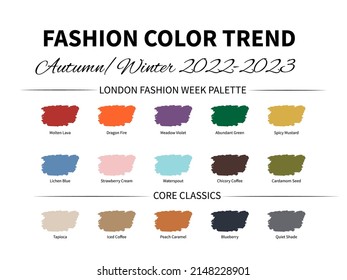 Fashion Color Trend Autumn - Winter 2022 - 2023. Trendy colors palette guide. Fabric swatches with color names. Easy to edit vector template for your creative designs.