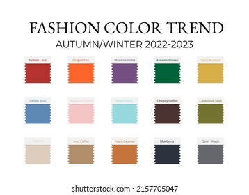 Fashion Color Trend Autumn - Winter 2022 - 2023. Trendy colors palette guide. Fabric swatches with color names. Vector template for your creative designs.