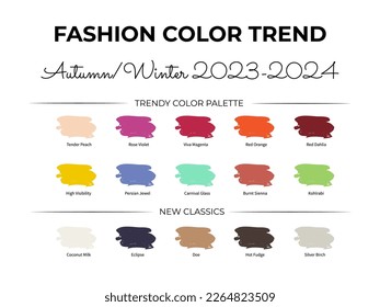 Fashion Color Trend Autumn - Winter 2023 - 2024. Trendy colors palette guide. Fabric swatches with color names. Easy to edit vector template for your creative designs.