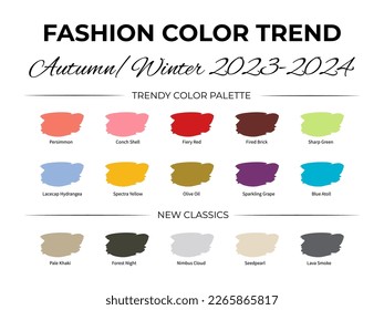 Tendencia de color de moda Otoño - Invierno 2023 - 2024. Guía de la paleta de colores de moda. Muestras de tejido con nombres de color. Fácil de editar la plantilla vectorial para sus diseños creativos.