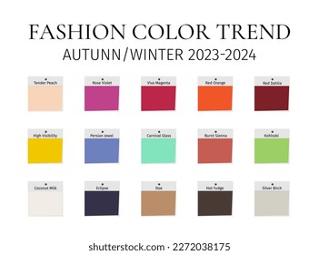 Tendencia de color de moda Otoño - Invierno 2023 - 2024. Guía de la paleta de colores de moda. Muestras de tejido con nombres de color. Plantilla vectorial para sus diseños creativos.