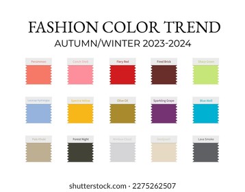 Fashion Color Trend Autumn - Winter 2023 - 2024. Trendy colors palette guide. Fabric swatches with color names. Vector template for your creative designs.