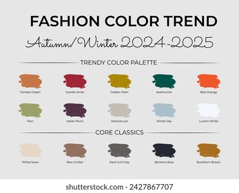 Fashion Color Trend Autumn - Winter 2024 - 2025. Trendy colors palette guide. Fabric swatches with color names. Easy to edit vector template for your creative designs