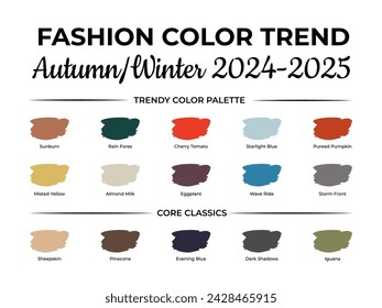 Mode-Farbtrend Herbst - Winter 2024 - 2025. Trendy Farben Palette Guide. Stoffmuster mit Farbnamen. Vektor-Vorlage für Ihre kreativen Designs