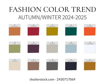 Mode-Farbtrend Herbst - Winter 2024 - 2025. Trendy Farben Palette Guide. Stoffmuster mit Farbnamen. Einfach zu bearbeitende Vektorvorlage für Ihre kreativen Designs