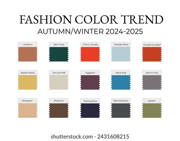 Fashion Color Trend Autumn - Winter 2024 - 2025. Trendy colors palette guide. Fabric swatches with color names. Vector template for your creative designs