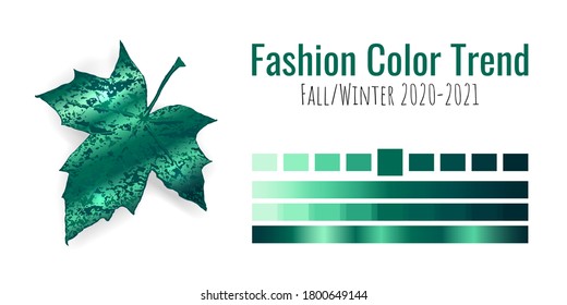 Fashion color trend Fall/Winter 2020-2021. Colour palette with different shades of Ultramarine Green and gradient. Maple tree leaf on white background. Paint palette mock up. Vector illustration