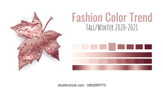 Fashion color trend Fall/Winter 2020-2021. Colour metallic palette with different shades of bronze color and gradient. Maple tree leaf on white background. Paint palette mock up. Vector illustration