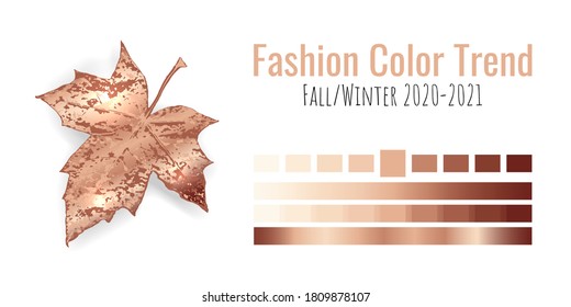 Fashion color trend Fall/Winter 2020-2021. Colour metallic palette with different shades of Gold color and gradient. Maple tree leaf on white background. Paint palette mock up. Vector illustration