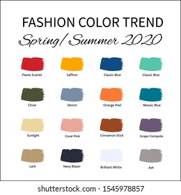 Fashion Color Trend Spring – Summer  2020. Trendy colors palette guide. Brush strokes of paint color with names swatches. Easy to edit vector template for your creative designs.