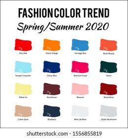 Fashion Color Trend Spring – Summer  2020. Trendy colors palette guide. Brush strokes of paint color with names swatches. Easy to edit vector template for your creative designs.