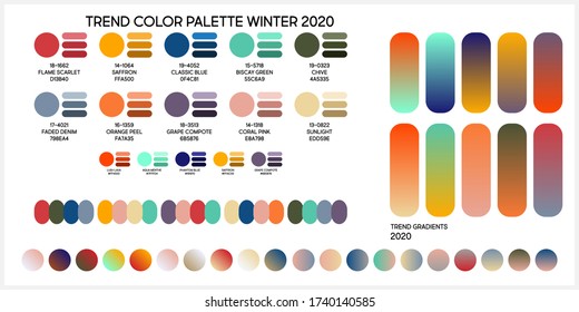 Tendencia del color de la moda Primavera y Verano 2020 2021. Previsión de la paleta de color de la tendencia de color futura. Paleta vectorial de material de sombras