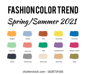 Fashion Color Trend Spring – Summer  2021. Trendy colors palette guide. Brush strokes of paint color with names swatches. Easy to edit vector template for your creative designs.