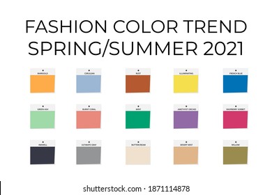 Fashion Color Trend Spring – Summer  2021. Trendy colors palette guide. Brush strokes of paint color with names swatches. Easy to edit vector template for your creative designs.