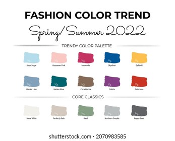 Fashion Color Trend Spring – Summer  2022. Trendy colors palette guide. Brush strokes of paint color with names swatches. Easy to edit vector template for your creative designs.