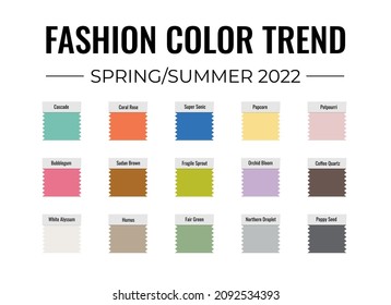 Fashion Color Trend Spring - Summer  2022. Trendy Colors Palette Guide. Fabric Swatches With Color Names. Easy To Edit Vector Template For Your Creative Designs.